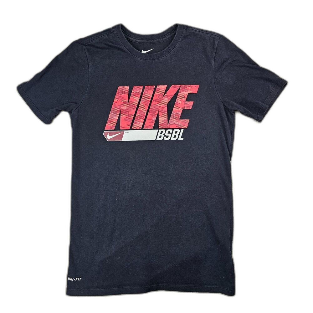 Nike Dri-FIT Tee Mens Small Black Red Logo Athletic Workout Shirt